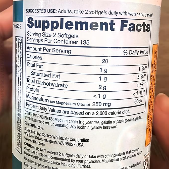 Kirk Lands Signatures Magnesium Citrate 250 mg Softgels 270 Count - Easy to Swallow Daily Supplement