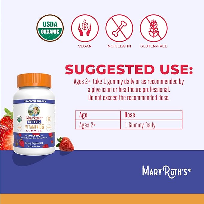 MaryRuth's Organic Vitamin D3 Gummies | 1000 IU | USDA Organic | Immune Support| Bone Health | Muscle Function | for Adults &amp Kids Ages 2+ | Vegan | Gluten Free | 2 Month Supply | 60 Count