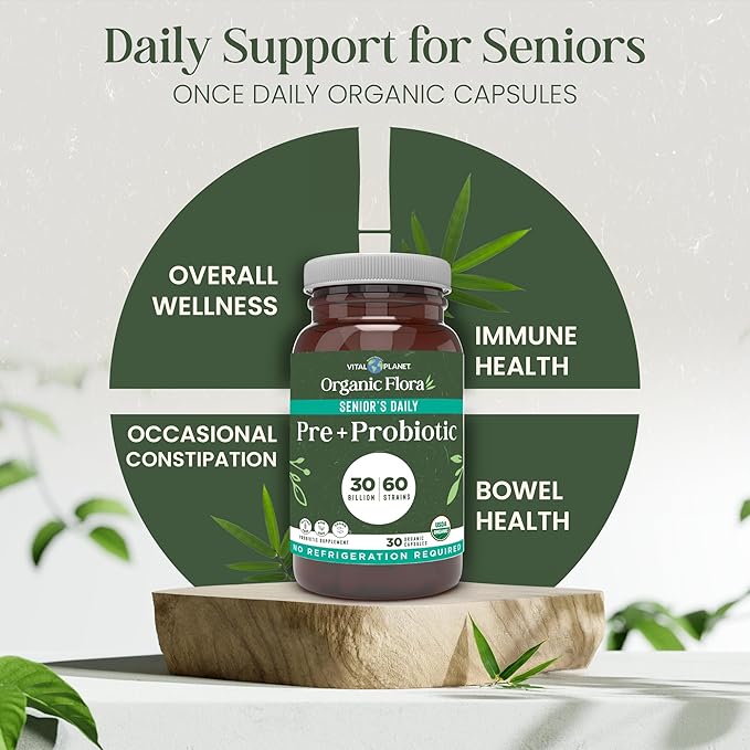 Vital Planet - Organic Flora Probiotics for Senior’s Daily Shelf Stable Probiotic 30 Billion CFU 60 Diverse Strains with Organic Prebiotics for Immune Support and Digestive Health 30 Capsules