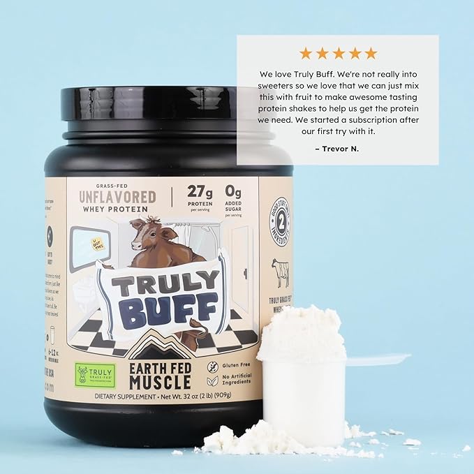 Earth Fed Muscle Truly Buff Truly Grass Fed Whey Protein Isolate - No Artificial Ingredients Soy Free Gluten Free Non-GMO and Hormone Free (2 Pound 30 Servings Unflavored)