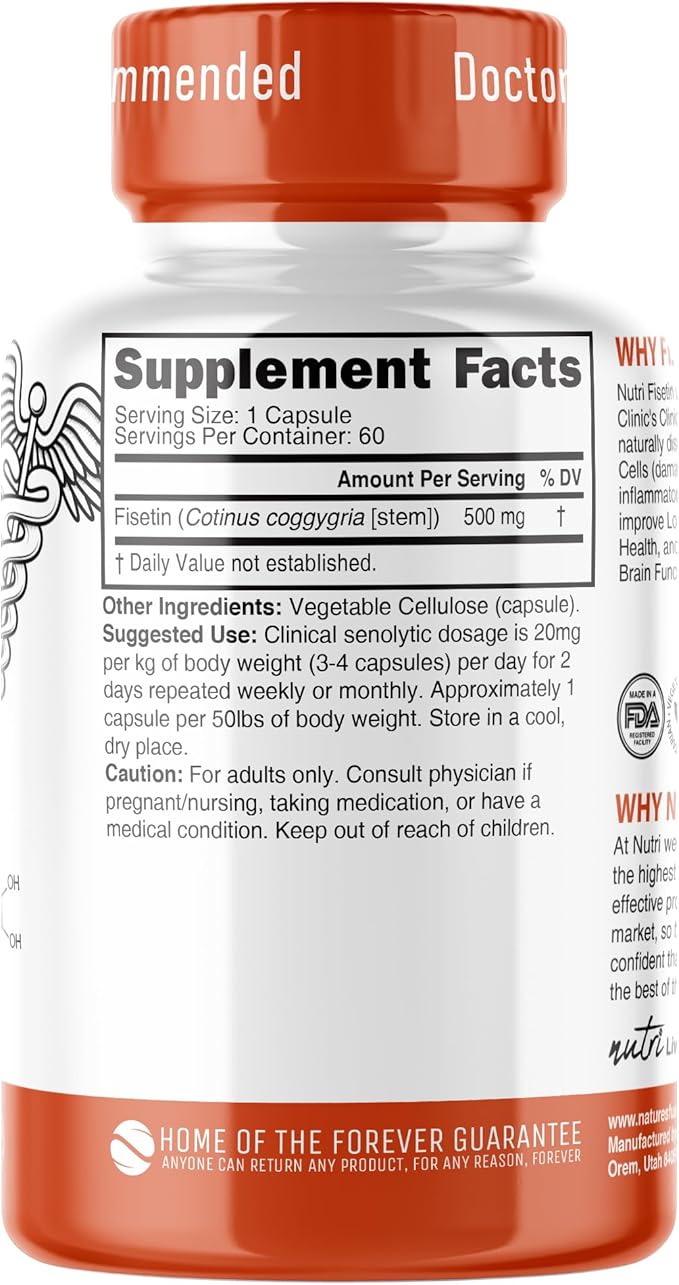 Nutri Fisetin 500mg 60 Count - Clinical Dosage - Fisetin Supplements - Powerful Senolytic Activator Antioxidant Heart &amp Brain Support - Natural Polyphenols - 60 Count - 3rd Party Tested for Puri