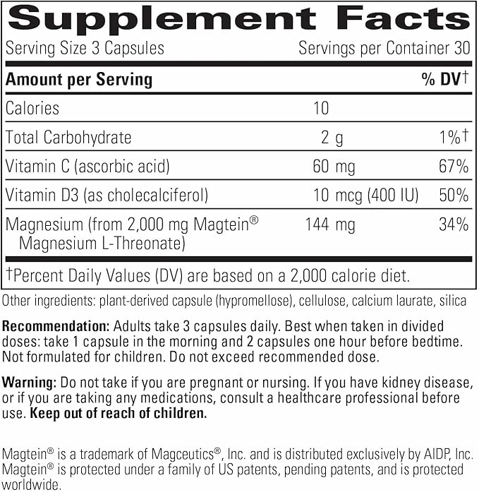 Integrative Therapeutics Magtein L-Threonate Plus - Brain Function Supplement to Support Short-Term Memory* - Includes Vitamin C D3 &amp Magnesium - Dairy-Free &amp Gluten-Free - 90 Capsules (30 Se