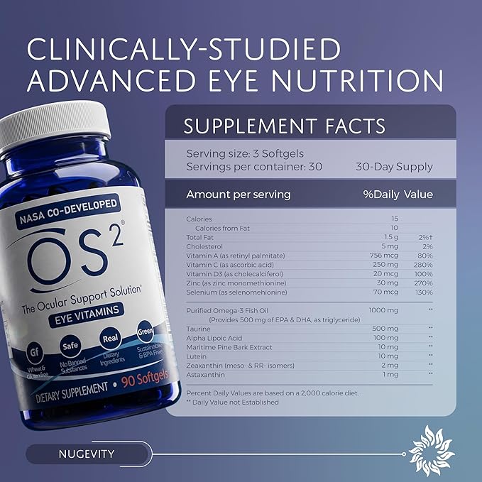 OS2 Ocular Support Solution - Patented Eye Vitamins for Macular Health Dry Eye and Blue Light - Lutein Zeaxanthin Omega 3 Astaxanthin and AREDS2 Supplements Co-Developed by NASA 90 ct