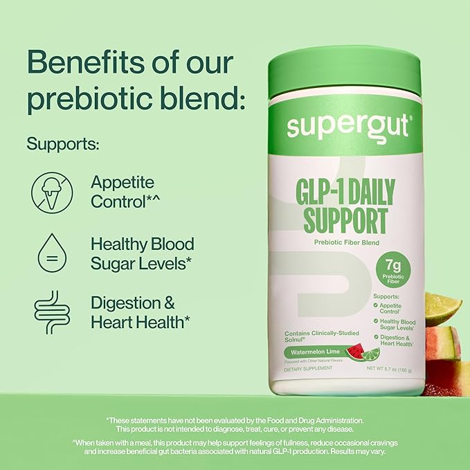 Supergut GLP1 Daily Support - Watermelon Lime - High Fiber GLP-1 Supplement Powder for Women &amp Men - Sugar-Free Drink Mix for Gut Health &amp Digestive Support (18 Servings)