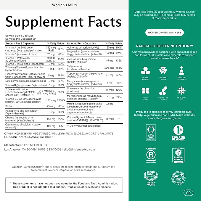 Needed. Multivitamin for Women with 22 Vitamins Minerals and Antioxidants - Daily Womens Multivitamin - Vitamin B12 B6 D3 4000IU Choline Biotin Magnesium Folate and More (60 Count)