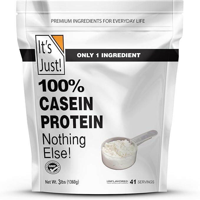 It's Just! - 100% Casein Protein Powder Made in USA One Ingredient Slow Burning Time Release 6.9g BCAAs 1g Carb Non-GMO (Unflavored 3lbs/48oz)