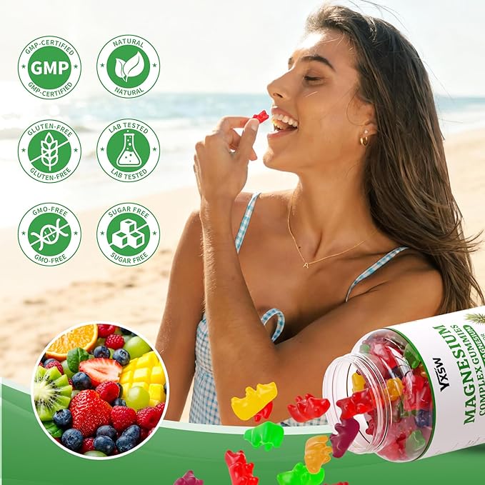 Magnesium Complex Gummies 8 Elemental 1000mg - Magnesium Glycinate Citrate Malate Taurate for Bones Muscle Nerve Health for Women &amp Men Vegan Non-GMO Mixed Flavors 120 Count