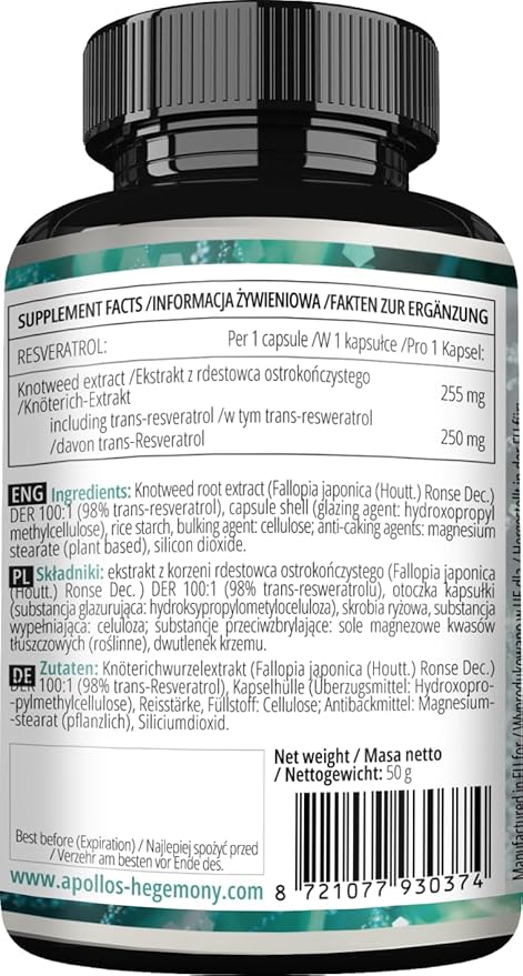 APOLLO'S HEGEMONY Resveratrol High Dose 400 mg - 60 Vegan Capsules - 2 Months Supply - 98% Trans-Resveratrol from Japanese Knotweed Extract - Natural Antioxidant