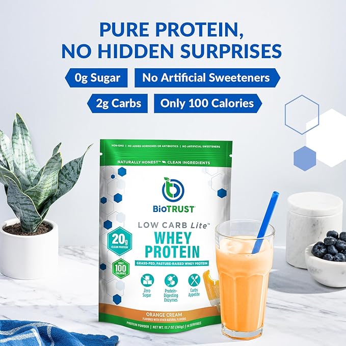 BioTrust Low Carb Lite 20 Grams of Grass-Fed Whey Protein Isolate 100 Calories ProHydrolase Digestive Enzymes Non-GMO Free from Soy and Gluten rBGH-Free (14 Servings) (Orange Cream)