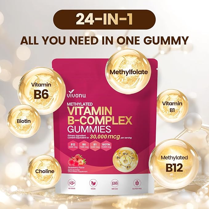 VivoNu Multivitamin Methylated Vitamin B Complex Gummies Vitamin B12 B6 B1 B2 B3 B5A C D E and Folate (3)