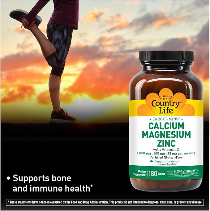 Country Life Calcium Magnesium Zinc with Vitamin D3 and L-Glutamic Acid Dietary Supplement for Bone Support Certified Gluten Free  1000mg/500mg/25mg 180 Tablets