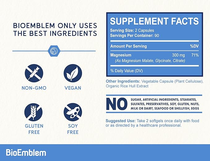 BioEmblem Triple Magnesium Complex | 300mg of Magnesium Glycinate Malate &amp Citrate for Muscles Nerves &amp Energy | High Absorption | Vegan Non-GMO (180 Capsules)