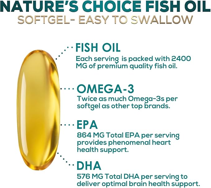 Omega 3 Fish Oil Supplements - 2400mg Fish Oil Per Serving - Triple Strength Omega-3 with Fatty Acids EPA &amp DHA - Natural Heart Brain &amp Immune Support - Wild Caught Bottled in USA - 180 Soft
