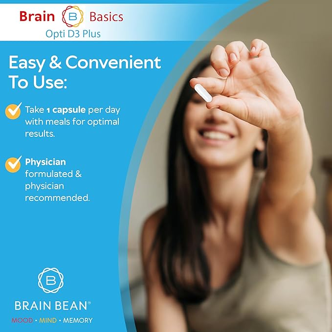 Brain Basic Opti D3 Plus - Vitamin D3 5000 IU with K1 K2 and Magnesium - Brain Support Supplement for Mood Mind Memory - Bone Muscle and Immune Health - Gluten Free Soy Free and Dairy Free