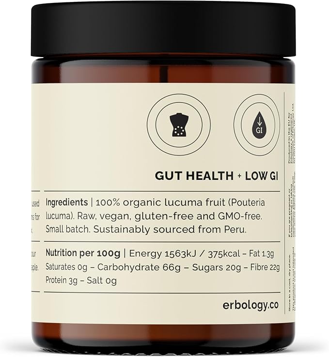 Erbology Organic Lucuma Powder 3.2 oz - 45 Servings - Gut Health Support - Low Glycemic Index - Sustainably Sourced Straight from Farm in Peru - Small Batch - Vegan - GMO-Free