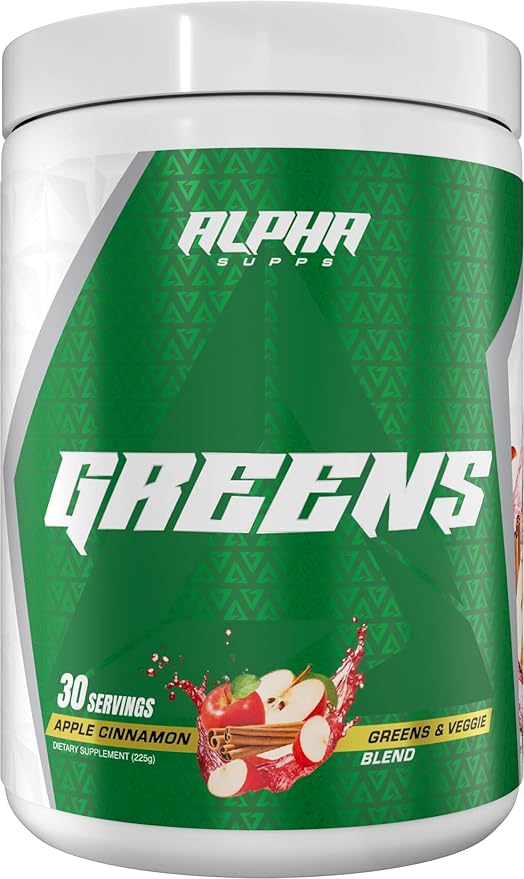 Alpha Supps - Alpha Greens Supplement | Fruit &amp Vegetable Superfood Powder | Over 40 Natural Plant Based Ingredients | Prebiotic &amp Probiotic Digestive Support Blend - 30 Servings (Apple Cinnam