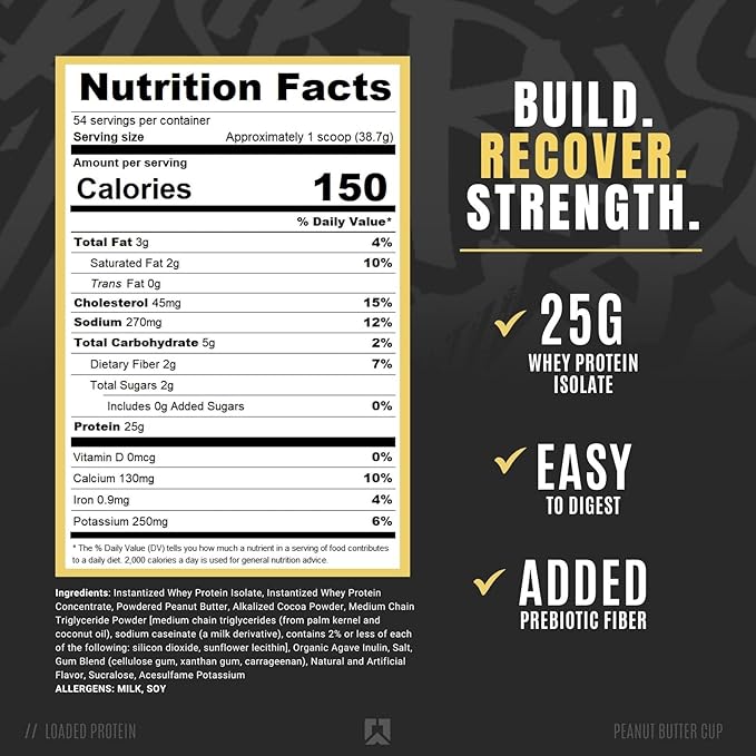 RYSE Loaded Protein Powder - Peanut Butter Cup - 25g Whey Protein Isolate &amp Concentrate with Prebiotic Fiber &amp MCTs - Low Carb Low Sugar Digestive-Friendly - 54 Servings / 4 lb Tub