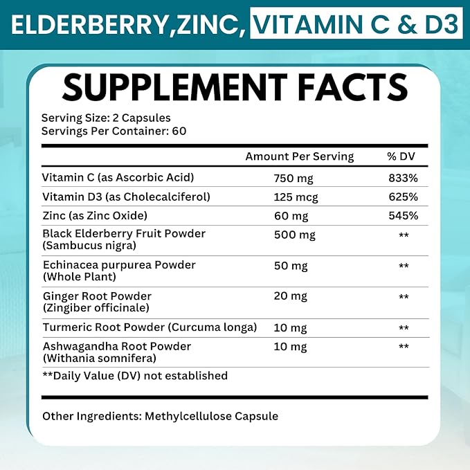 Elderberry Immune Support Supplement 8-in-1 Formula with Echinacea Vitamin C &amp Zinc Vitamin D 5000 IU Turmeric Ginger Ashwagandha – 120 Capsules