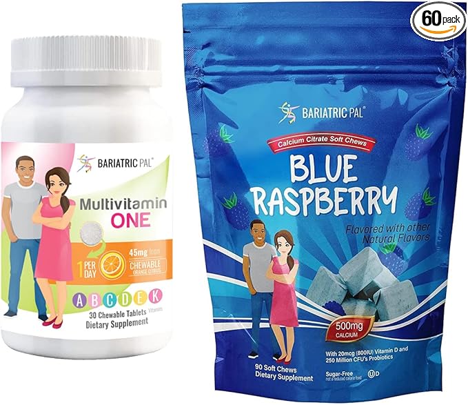 BariatricPal 30-Day Bariatric Vitamin Bundle (Multivitamin ONE 1 per Day! with 45mg Iron Chewable - Orange Citrus and Calcium Citrate Soft Chews 500mg with Probiotics - Blue Raspberry)