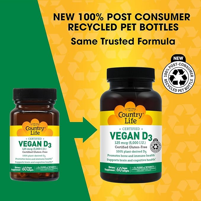Country Life Vegan D3 5000 IU – Plant-Derived Vitamin D3 from Lichen – Certified Vegan Gluten-Free Non-GMO – Clean Simple Formula – 60 Softgels