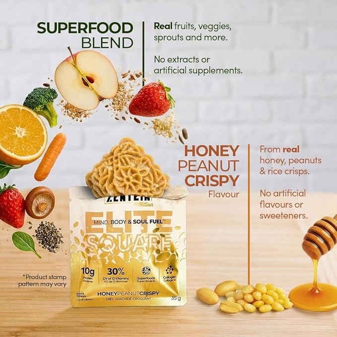 Zentein Elite Square Protein Peanut Butter &amp Honey Snack Square Bar – Crispy Rice and Superfood Blend – 10g Protein 12 Essential Vitamins 150 Calories – 12‑Count Box