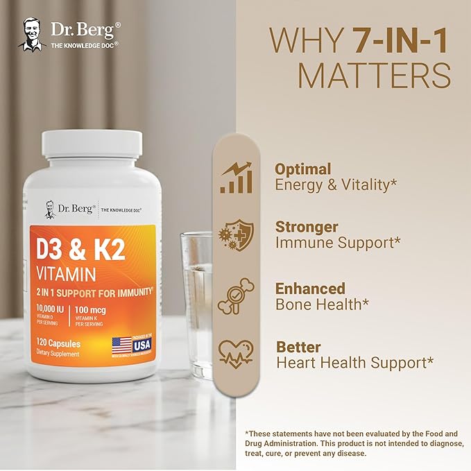 Dr. Berg Vitamin D3 &amp K2 10000 IU + MK-7 – 120 Capsules – Immune Bone &amp Heart Support* Supplement w/Magnesium Zinc B6 – 4X Lab-Tested – No Fillers – Non-GMO cGMP Formulated in USA