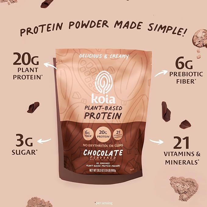Koia Plant Based Protein Powder Chocolate 20g Protein 3g Sugar 6g Prebiotic Fiber Pre &amp Post Workout 21 Vitamins &amp Minerals No Seed Oils Dairy-Free Gluten-Free Non-GMO 20 Servings