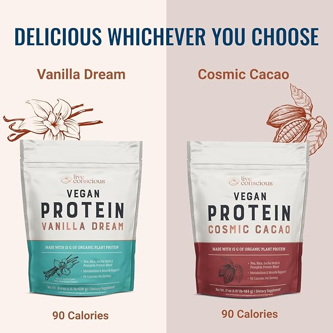 Live Conscious Cosmic Cacao - Organic Vegan Protein Powder Chocolate Flavor Plant-Based Blend - Pea Protein Brown Rice Pumpkin Sacha Inchi - 20 Servings 17 oz