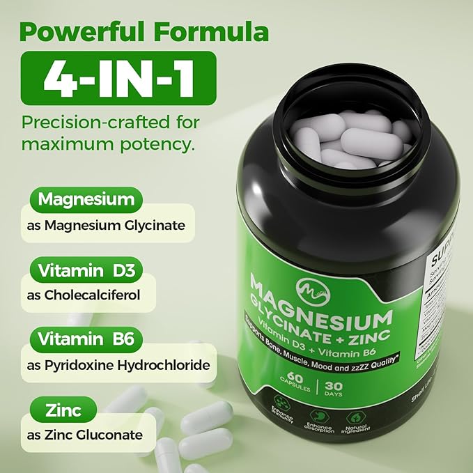 (2 Pack) Magnesium Glycinate Capsules Magnesium Supplement with Zinc Vitamin D3 &amp B6 - Highly Bioavailable and Absorption - Bone Heart Joint Immune Support 120 Vegan Capsules