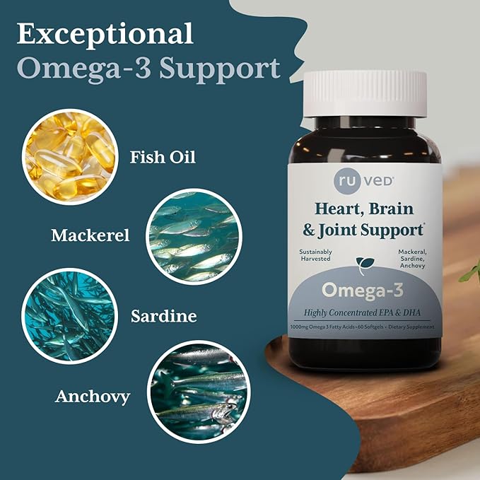 ruved Omega-3 - Omega 3 Fish Oil 1000mg Per Capsule EPA &amp DHA Fish Oil Supplement for Women &amp Men Heart Brain &amp Joint Support - 60 Softgel Capsules (1 Count)
