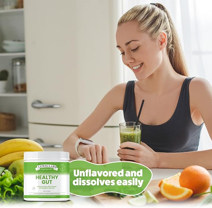 Lewis Labs Healthy Gut Prebiotic Fiber 6 Oz Prebiotic Fiber with Probiotics and Digestive Enzymes Gut Prebiotic Fiber Keto Friendly Gluten Free No MSG Vegan Healthy Gut