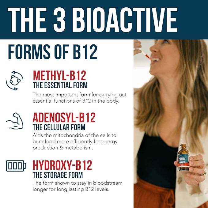 BioActive Vitamin B12 5000 mcg | 3 BioActive Forms Plus Methylfolate Cofactor - Methylcobalamin Adenosyl &amp Hydroxy | Sublingual Liquid Drops Berry Flavor Organic Non-GMO Vegan (1 oz)