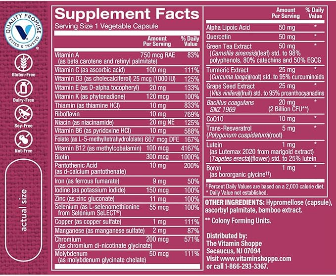 The Vitamin Shoppe WomenaTMs Once Daily Multivitamin a Immune Energy Digestive and Stress Support (60 Capsules)
