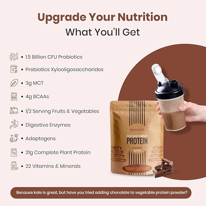 UpNourish Chocolate Vegan Protein Powder 54 Superfoods Powder1.5 Billion CFU Probiotics 21g Plant Based ProteinNo Sugar No Dairy No GMO Dairy FreeMeal Replacement Shake Keto-Friendly Low-Carb Diet
