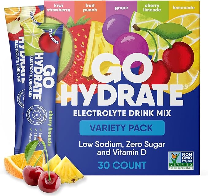 GoHydrate Low Sodium Electrolytes Powder Packets Sugar Free - Instant Hydration Daily Drink Mix - Zero Sugar Water Flavor Packet Singles with Vitamin D - (Variety Pack 30 Packs)