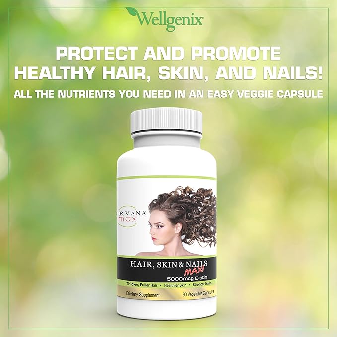 Wellgenix Purvana MAX Hair Skin and Nails Supplement – 5000mcg Biotin with MSM &amp B-Complex – Supports Thicker Hair Stronger Nails &amp Glowing Skin – 180 Veggie Capsules (2 Pack)