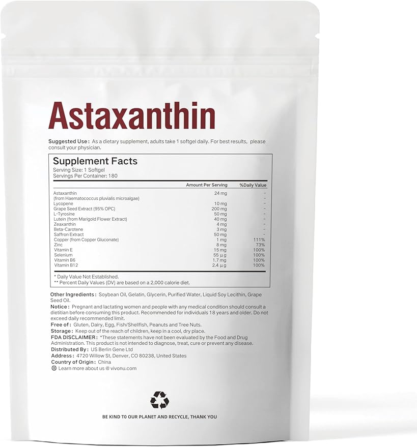 VivoNu 14-in-1 Astaxanthin 24mg &amp Lutein 40mg with Zeaxanthin Supplements 6 Month Supply Fresh Microalgae Source Gluten Free Non-GMO Supports Eye Skin Antioxidant 180 Softgels 1 Bag