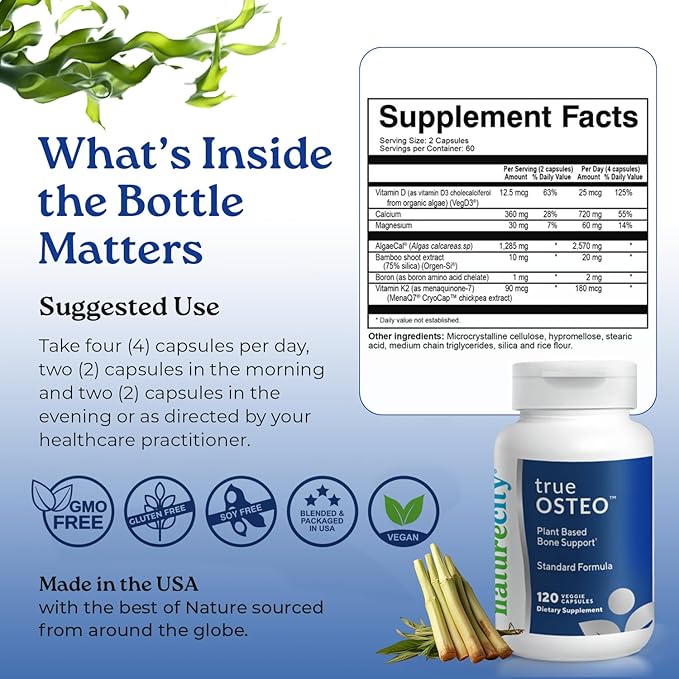 NatureCity True-Osteo Plant-Based Supplement for Bone Strength | AlgaeCal Calcium &amp Magnesium Plant-Based Vitamin D3 Vitamin K2 Silicon| Gentle on Stomach (120 Veggie Capsules) (Pack of 2)