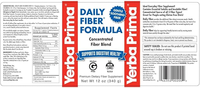 Yerba Prima Daily Fiber Formula 12 oz (3 Pack) - Soluble &amp Insoluble Dietary Fiber Supplement - Colon Health - Vegan Non-GMO Gluten-Free