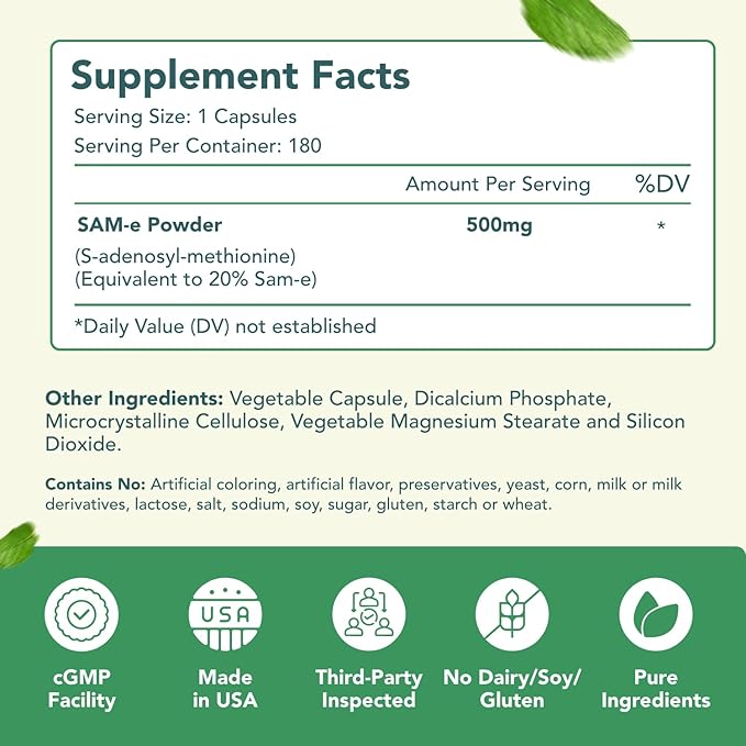 500mg SAM-e &amp Coenzyme Q10 200mg CoQ10 Supplement Bundle - Brain Mood Focus and Energy Support Bundle with CoQ10 and S-Adenosyl-L-Methionine Capsules