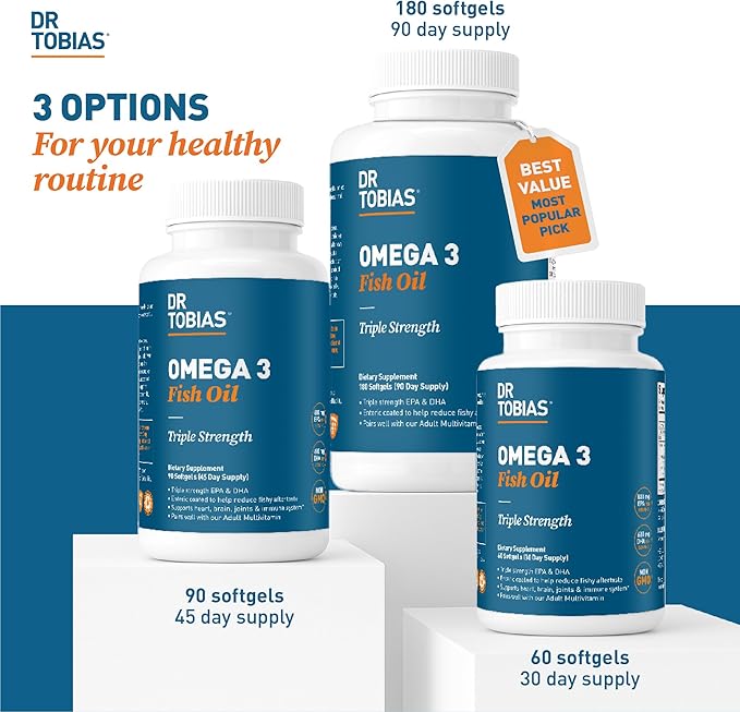 Dr. Tobias Omega 3 Fish Oil 2000mg Triple Strength with 800mg EPA 600mg DHA Per Serving | Fish Oil Omega 3 Supplements for Heart Brain &amp Immune Support - 180 Softgels (90 Servings)