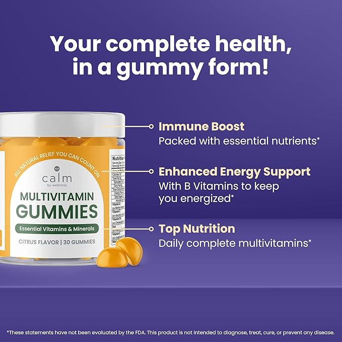 Calm by Wellness Multivitamin Gummies - All Natural Vegan Adult Multivitamin Gummy - Packed with Antioxidant Vitamins C &amp E B12 B6 Folic Acid Pantothenic Acid - Essential for Overall Health