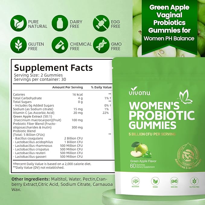 VivoNu Viginal Probiotic for Women Women Probiotic Gummies Feminine Balance Gummies Green Apple Probiotics for Woman Vaginigal Health Yeast Ph Balance