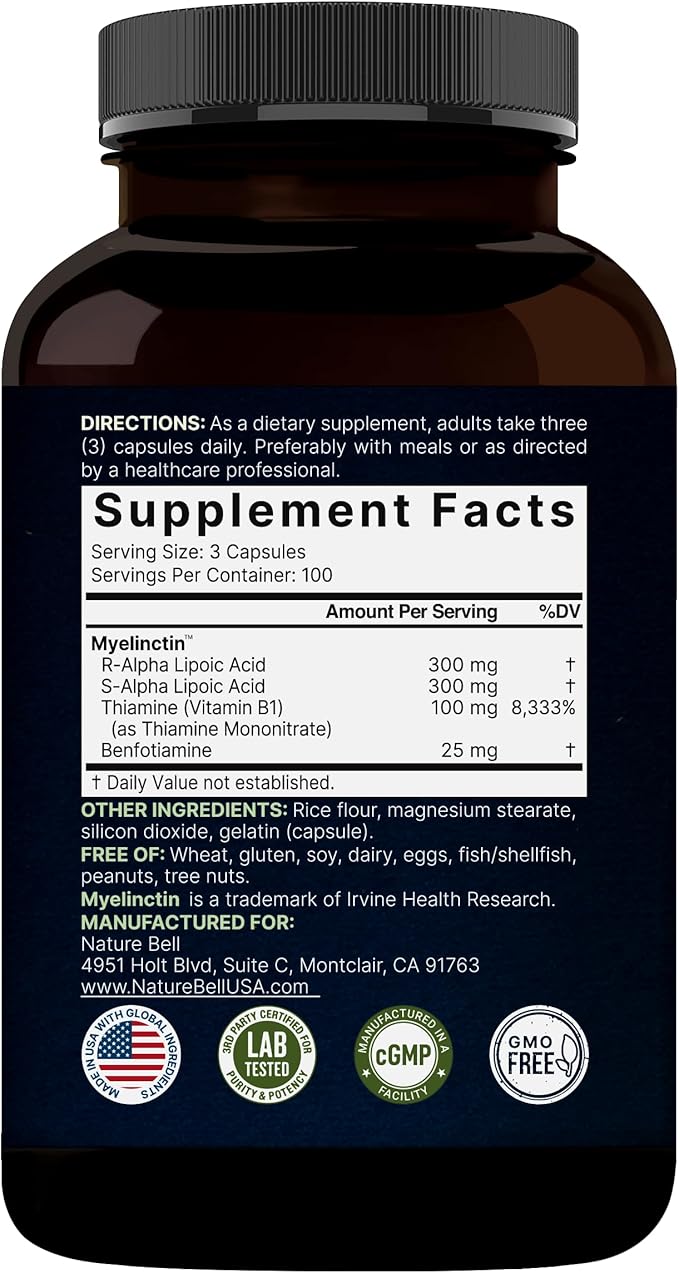 NatureBell Alpha Lipoic Acid Complex 600mg 300 Capsules | 4-in-1 Myelinctin Formula with R-ALA S-ALA Thiamine &amp Benfotiamine | High Absorption &amp Antioxidant Support | Non-GMO Gluten-Free