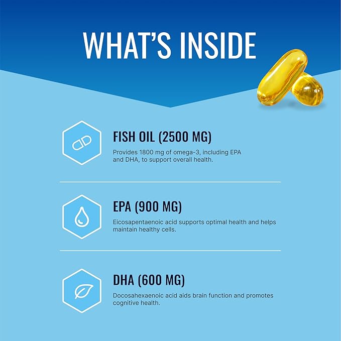 Omega-3 MD - EPA &amp DHA Supplement - 2500mg Omega 3 Fish Oil for Heart Health Brain Support Joint Comfort &amp Overall Wellness - 2 Bottles - 6 Month Supply
