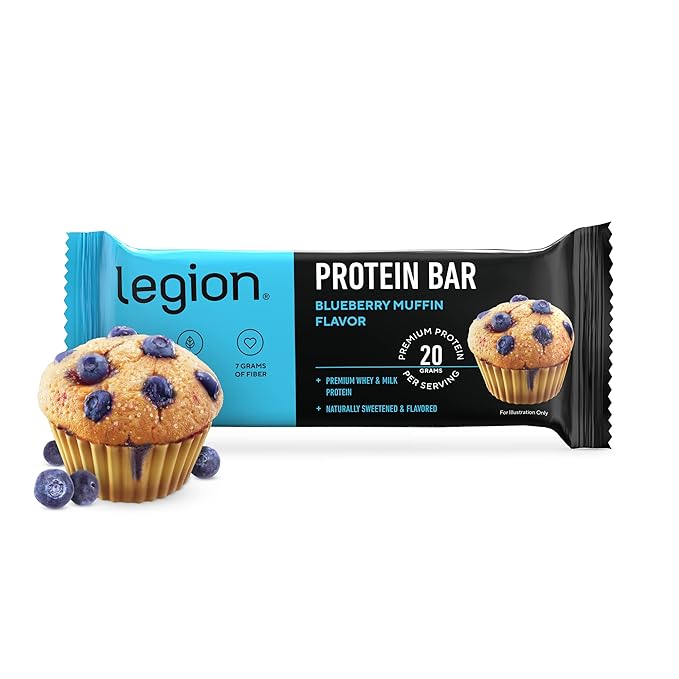 Legion Protein Bar Blueberry Muffin - 100% Whey Protein Soy Free Protein Bars with Prebiotic Fiber - Low Fat Healthy Protein Bar - Gluten Free Naturally Flavored Low Sugar Protein Bars (12 Count)