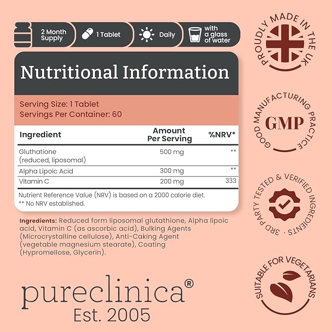pureclinica Glutathione 1000mg – 120 Tablets (2 x 60) | High Strength with 500mg Glutathione 300mg ALA 200mg Vitamin C | Antioxidant &amp Detox Support 1-a-Day