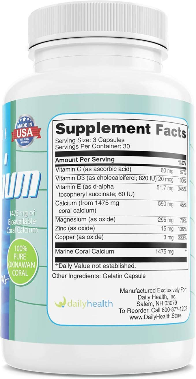 Daily Health - Pure Okinawa Coral Calcium - Marine-Grade Supplement with 72 Trace Minerals - 1475mg 540 Vegetable Capsules (6 Month Supply)