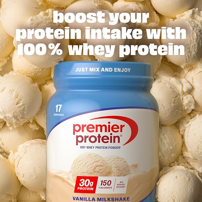 Premier Protein Powder Vanilla Milkshake 30g Protein 1g Sugar 100% Whey Protein Keto Friendly No Soy Gluten Free 23.3 oz (17 Servings)