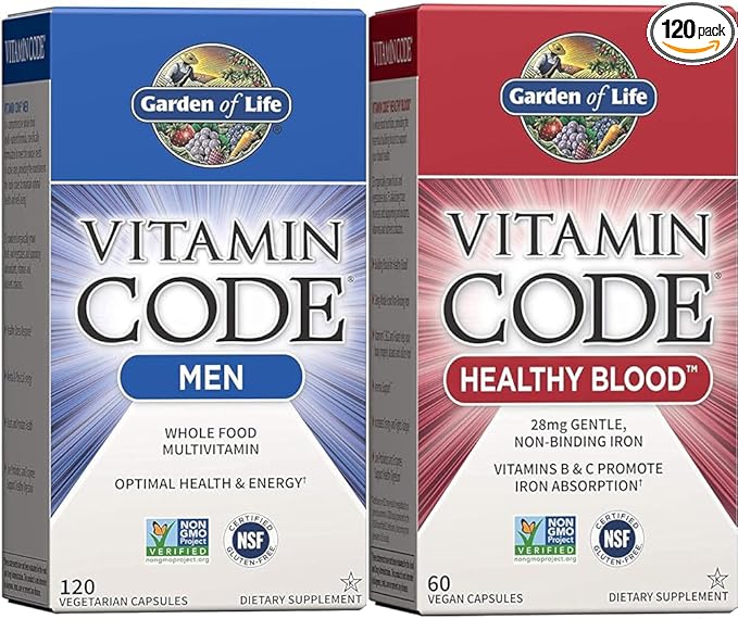 Garden of Life Vitamin Code Whole Food Multivitamin for Men Fruit &amp Veggie Blend and Probiotics for Energy Heart Prostate Health 120 Count &amp althy Blood 60ct Capsules